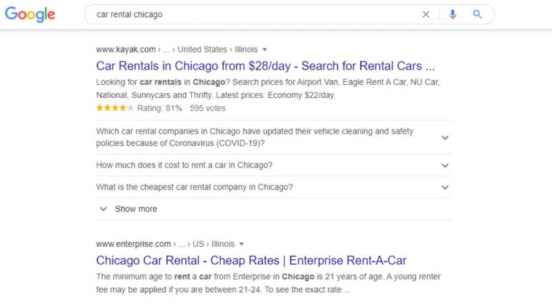  Công cụ tìm kiếm Google , hiển thị một tìm kiếm về “chi Chicago cho thuê xe hơi